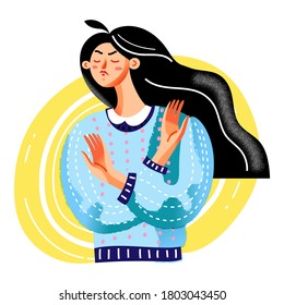 Angry woman showing no, arms crossed in front of chest. Young girl with negative emotions disagree, rejection hand gesture expression, bad feedback. Vector character illustration of communication