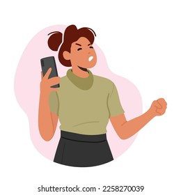 Angry Woman Speaking On Phone, Female Character with Frustrated Facial Expression Gesturing With Free Hand Emphasizing Anger. Girl Shouting, Speaking With Loud Tone. Cartoon People Vector Illustration