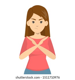 Angry Woman Standing With The Crossed Arms, No Sign. Refuse Gesture, Negative Expression. Isolated Vector Illustration In Cartoon Style