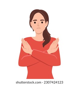 Angry woman standing with the crossed arms, no sign. Refuse gesture, negative expression. Flat vector illustration isolated on white background