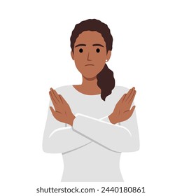 Angry woman standing with the crossed arms, no sign. Flat vector illustration isolated on white background