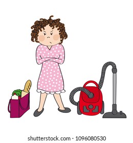 Angry woman standing with her arms crossed, full shopping bag and vacuum cleaner next to her. She is preparing for housework. Original hand drawn illustration.