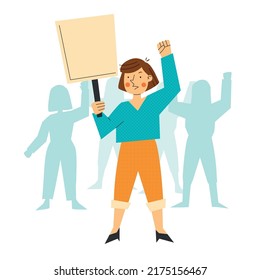 An angry woman stands with a blank placard at the picket. The girl protests. Fight for rights. Illustration in retro cartoon style.