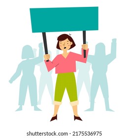 An angry woman stands with a blank placard at the picket. The girl protests. Fight for rights. Illustration in retro cartoon style.