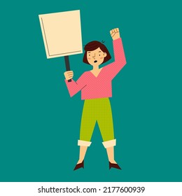 An angry woman stands with a blank placard at the picket. The girl protests. Fight for rights. Illustration in retro cartoon style.