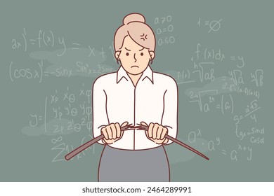 Angry woman teacher from high school breaks wooden pointer, standing near blackboard with algebra formulas. Girl teacher experiences nervous breakdown due to pranks or poor learning ability students