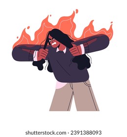 Angry woman tear her hair in rage. Furious girl burn in fire. Mad person scream in flame. People in tantrum. Problems with aggression. Hot temper flat isolated vector illustration on white background svg