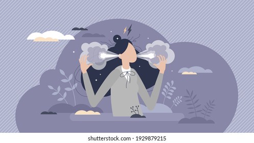 Angry woman with temper character and furious emotions tiny person concept. Annoyed female with steam smoke from ears and negative frustration pose vector illustration. Anxious feelings expression.