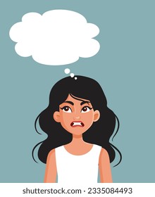 
Angry Woman with Thinking Bubble Vector Cartoon Illustration. Unhappy person overthinking her problems and issues 
