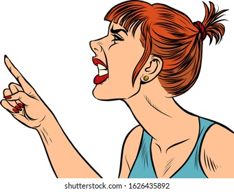 Angry woman threatens finger. Pop art retro vector illustration kitsch vintage 50s 60s