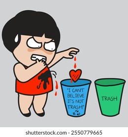 Angry Woman Throws Heart In Trash Concept Cartoon Character illustration