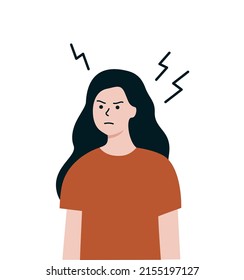 Una mujer furiosa en el cuerpo superior con un retrato de expresión facial insatisfecho. Niña de mal humor con cara mal vista. Concepto de emoción. Ilustración de diseño vectorial de caricatura plana aislada en fondo blanco