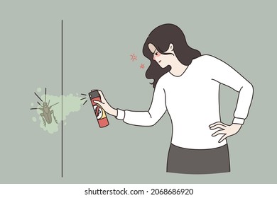 Angry woman use insecticide chemical spray kill cockroach at home. Unhappy mad female fight with insects bugs in apartment. Pest control, disinfection concept. Flat vector illustration. 