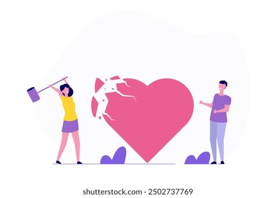 Angry woman using big hammer to hit broken heart. Vector illustration.