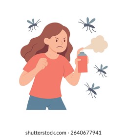 Angry woman using insect spray to repel mosquitoes. Flat vector illustration of pest control with annoyed female character surrounded by bugs. Summer and outdoor irritation concept.