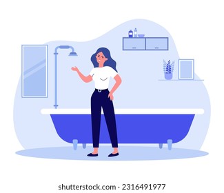 Mujer enojada esperando agua de la ilustración del vector del grifo. Gente preocupada por las restricciones al agua, bañera vacía en el baño. Escasez de agua, sequía, concepto de crisis