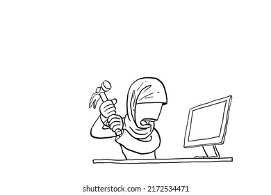 Angry woman worker try to hammered her monitor. Cartoon vector illustration design