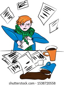 Angry Woman writer tearing pieces of paper. Furious Young woman. Negative Emotions. Bad Mood. Vector illustration
