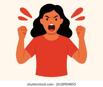 Angry Woman Yelling Flat Minimal Vector Illustration with Strong Emotions.