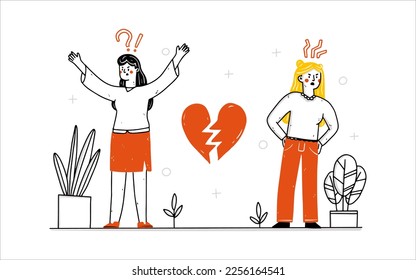 Angry woman yelling at girlfriend or wife. Couple quarrelling. Family crisis, breakup and divorce concept. Modern flat vector illustration. An illustration of an in trouble homosexuality couple