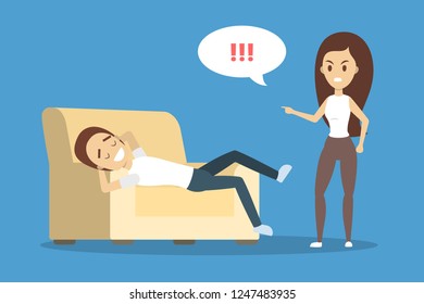 Angry woman yelling at her boyfriend. Man lying on couch in relax. Couple fight and argue. Flat vector illustration