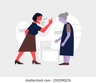 Angry woman yelling at her old mother. Abusive relationship vector illustration. Family violence and aggression concept.