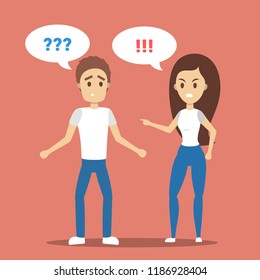 Angry woman yelling at her stressed boyfriend. Couple fight.and argue. Flat vector illustration