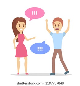 Angry Woman Yelling At Her Stressed Boyfriend. Couple Fight And Argue. Man Shouting In Anger. Flat Vector Illustration