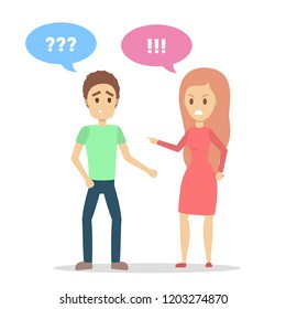 Angry woman yelling at her stressed boyfriend. Couple fight and argue. Flat vector illustration