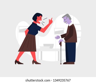 Angry woman yelling at a sad old man. Abusive relationship vector illustration. Family violence and aggression concept.