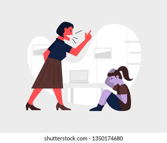 Angry woman yelling and at a scared child. Abusive relationship vector illustration. Family violence and aggression concept. Mother screaming at little daughter