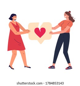 Angry women with broken like icon with heart.Female characters tearing notification like icon.Addiction to internet approval and validation.Colourful vector illustration in flat cartoon style.