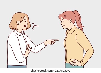 Angry women fighting or quarrelling. Mad furious girls blame each other, making guilty. Anger and misunderstanding. Vector illustration. 