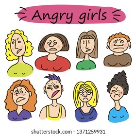 Angry Women. Furious girl Negative emotions. Bad mood. Vector illustration. The girls are angry.