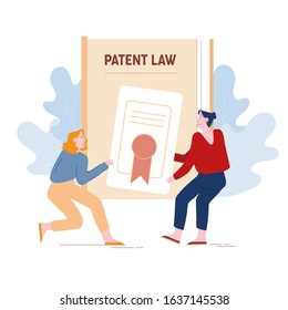 Angry Women Inventors Or Authors Pulling Patent Law Certificate Having Fight For Copyright Production Authorship. Intellectual Property Protection Litigation Concept Cartoon Flat Vector Illustration