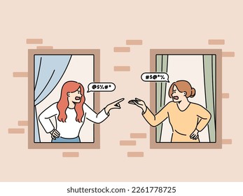 Angry women look out of house windows quarrelling. Furious female neighbors fight or argue living next doors. Vector illustration. 