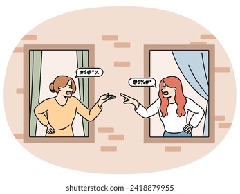 Angry women look out of house windows quarrelling. Furious female neighbors fight or argue living next doors. Vector illustration.