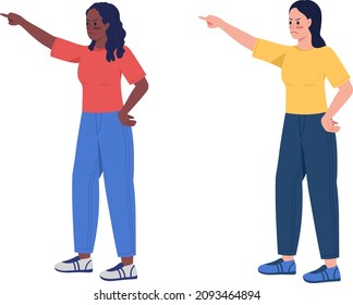 Angry women pointing with fingers semi flat color vector characters set. Full body people on white. Hand gesture isolated modern cartoon style illustration collection for graphic design and animation