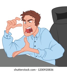 Angry workaholic screams sitting in a chair