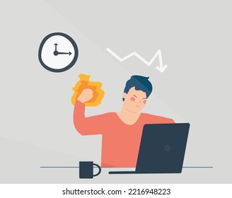 Angry worker or businessman crashes laptop in Office with his fist. Exasperated employee breaks his computer and expresses negative emotions, burnout. Man unleashes rage and breakdown at work.