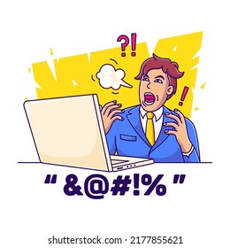 angry worker in front of laptop vector illustration. cartoon man annoyed with his job