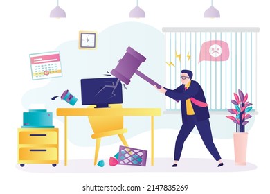 Angry worker with hammer breaks computer. Office interior. Man expresses negative emotions, burnout. Businessman unleashes rage breaking everything around. Worker hitting desktop. Vector illustration