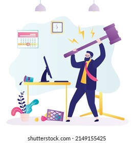 Angry worker with hammer breaks workplace. Office interior. Man expresses negative emotions, burnout. Businessman unleashes rage breaking everything around. Worker hitting desktop. Vector illustration