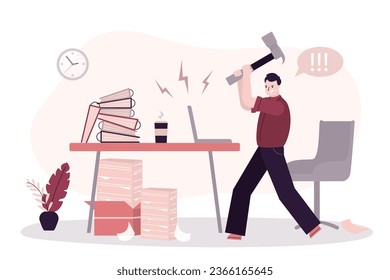 Angry worker man uses hammer to smash computer at workplace. Fatigue from job, burnout, stress, mental illness. Male character has psychological problems. Frustrated businessman from business failures