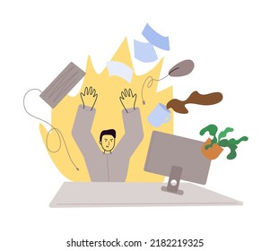 Angry worker throwing work supplies with burning fire at the background. Emotional and physical burnout. Stressed man in negative situation.  Mental health problem. Vector illustration concept