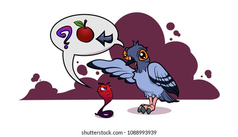 angry worm asks dove where is an apple vector cartoon illustration