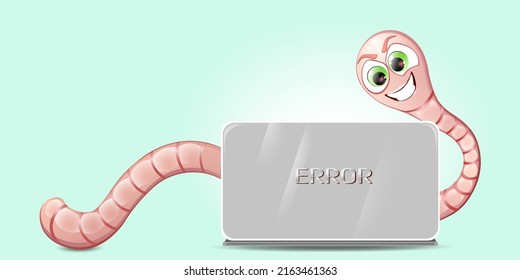 Angry worm behind laptop with error. Technology concept