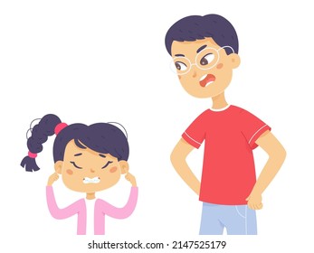 Angry yelling parent and upset child vector illustration. Cartoon unhappy girl ignoring arguing man, stubborn kid covering ears with hands so as not to hear arguments. Misunderstanding concept