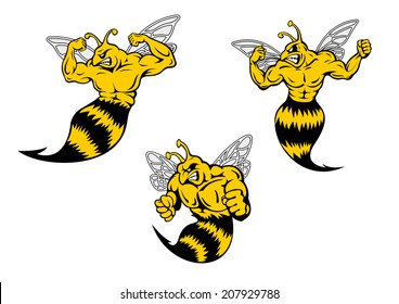 Angry yellow and black cartoon wasp or hornets with a sting shaking his fist and baring his teeth, cartoon logo illustration on white