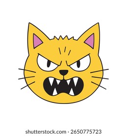 Angry yellow cat face with sharp teeth – expressive cartoon feline illustration for stickers, emojis, digital comics, edgy pet designs, and funny animal art with attitude and bold personality